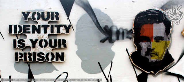 Detail: Your Identity Is Your Prison by Motus - Hero or Traitor? Mural by Aim 1, Avelon 31, DoggieDoe, More, Motus and Nexr - The Dark Roses Since 1984 - GALORE Urban Art Festival, Toftegårds Plads, Valby, Copenhagen, Denmark August 2013